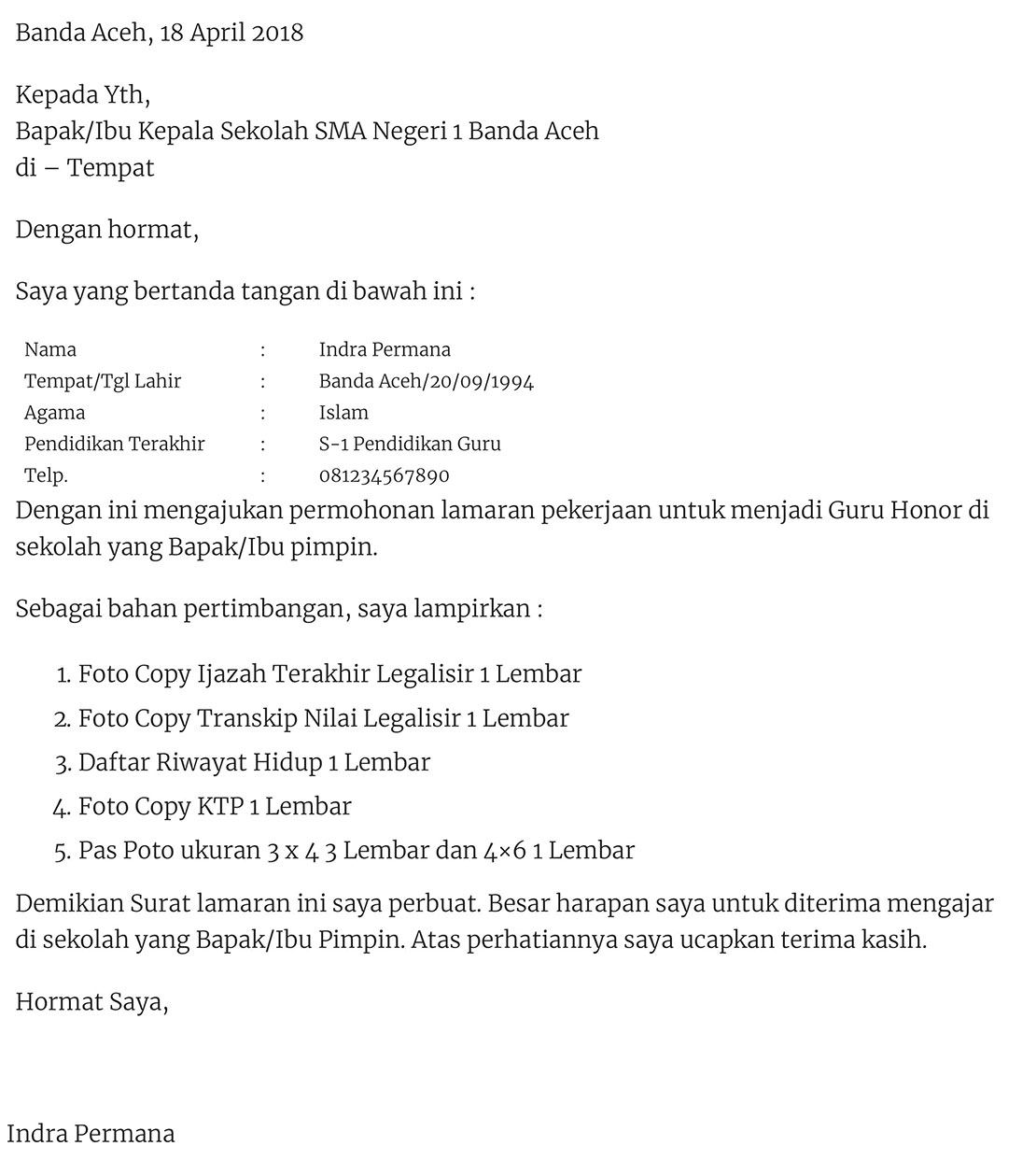 Contoh Surat Lamaran Kerja Guru