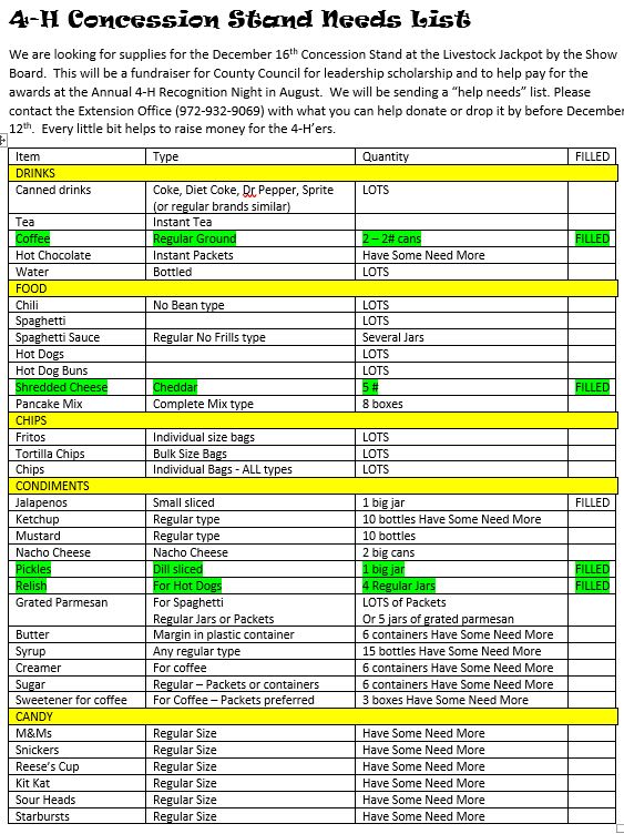 Kaufman County 4H News 4H Council Concession Stand Fundraiser December 16th