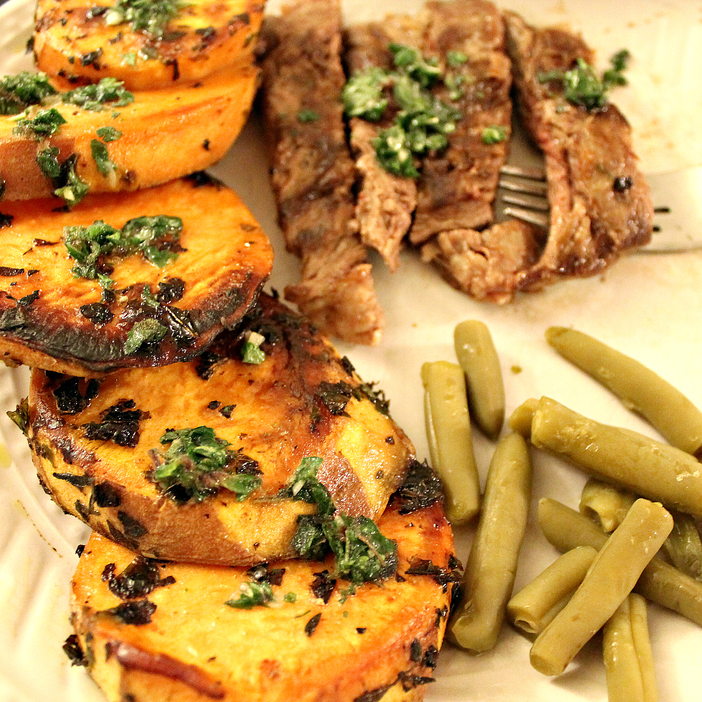 Skirt Steak and Sweet Potatoes with Herb Sauce