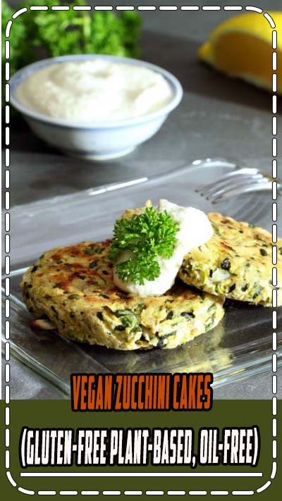 Baked Vegan Zucchini Cakes crisp to a golden brown with a fresh herbal taste. Dollop them with vegan lemon cream for the ultimate complement of flavors! #vegan #vegandinner #glutenfreedinner #plantbased