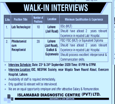 Islamabad Diagnostic Centre Jobs 2020