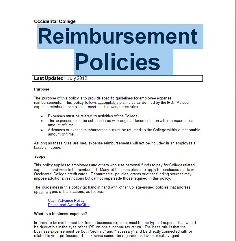Examples Employee Reimbursement Policy doc and pdf free to print