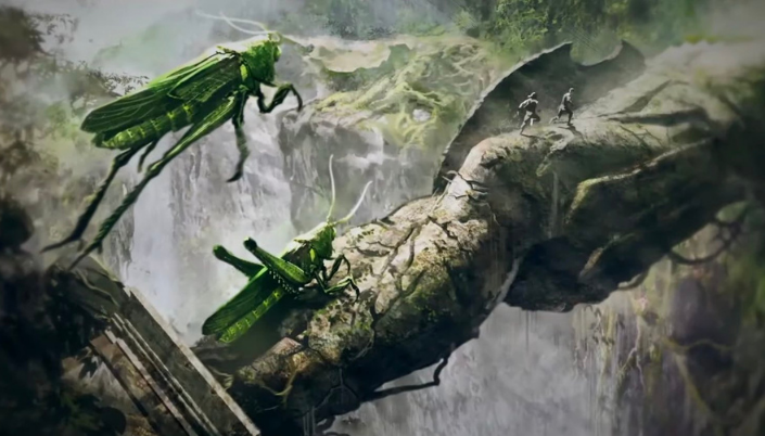 Imagem: gafanhotos gigantes saltando em uma ponte formada por uma estátua gigante caída em um cenário de selva e perseguindo um par de personagens.