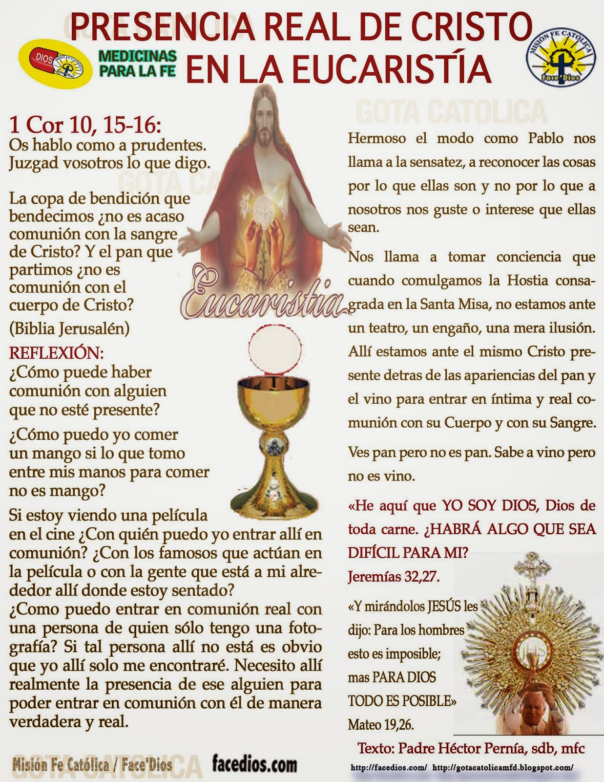 GOTA CatólicaGotas de Dios PRESENCIA REAL DE CRISTO EN LA EUCARISTÍA / Texto Padre Héctor
