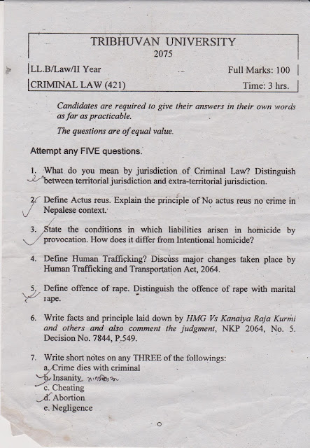LLB Second Year, Criminal Law 421 Question Paper 2075, Tribhuvan University