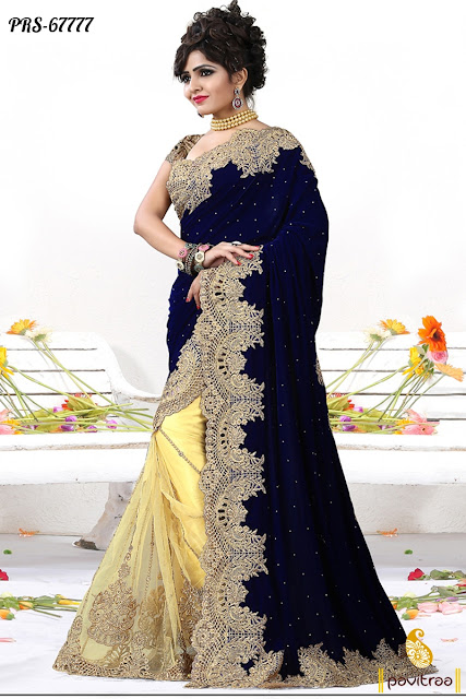 Buy Fancy Cobalt Blue Color Heavy Designer Wedding Bridal Net Sarees Online Shopping Collection with Discount Offer Price Rate Cost
