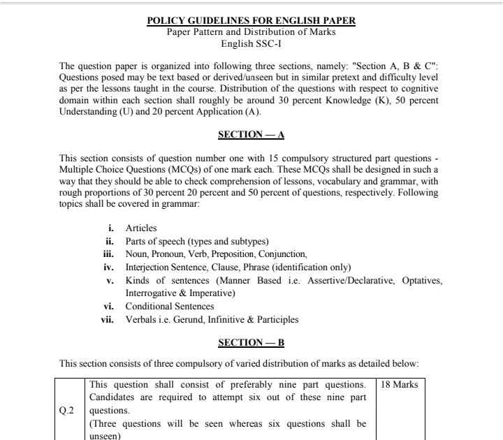 Fbise English Paper pattern class 9 online with marks distribution