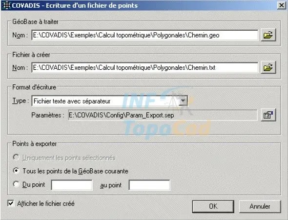 Formation, Covadis, Exportations, coordonnées, calculées, éditeur de GéoBases, Exportation carnet, menu Cov.Calculs, fichier avec séparateur, fichier colonné, format Topojis, format Wild Leica, format Sokkia, Geotronics, Spectra Precision, topographie terrain, carnet