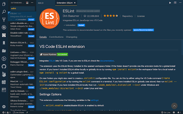 1. ESLint,best vscode extensions for javascript,best vscode extensions in javascript,extensions for javascript, javascript extension for visual studio code, visual studio code node js extensions,