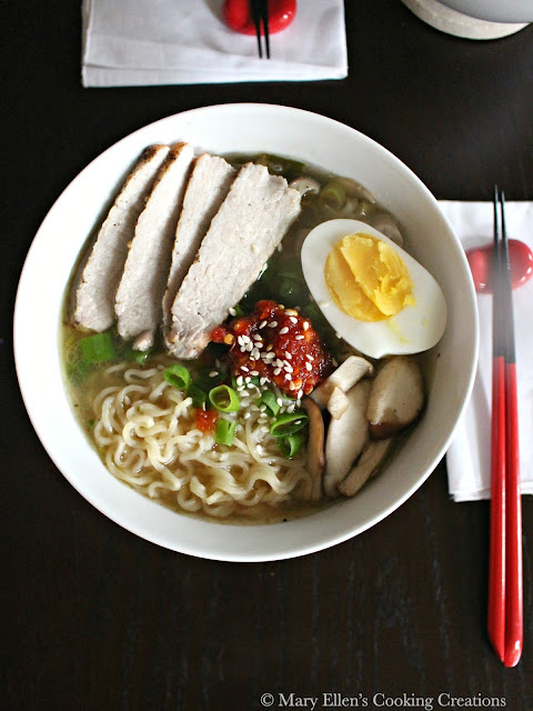 Easy Pork Ramen - A rich broth with noodles, mushrooms, greens, scallions, thinly sliced pork and egg. #ramen #noodles #soup