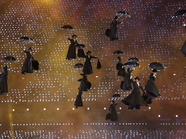 Performers dressed as character Mary Poppins descend to ground during opening ceremony of London 2012 Olympic Games at Olympic Stadium REUTERS/MIKE BLAKE 