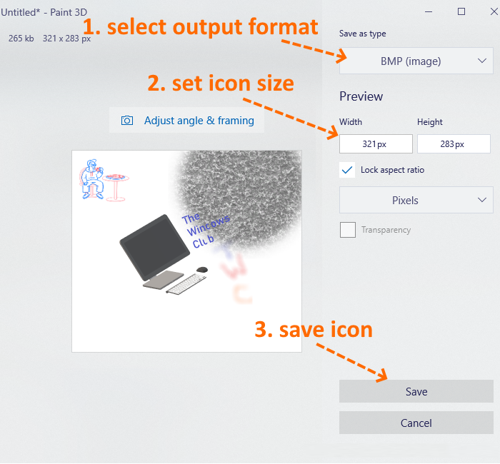 establecer el formato y el tamaño del icono para guardar