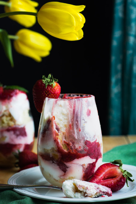 Strawberries & Cream Tres Leches Trifles in Wine Glass