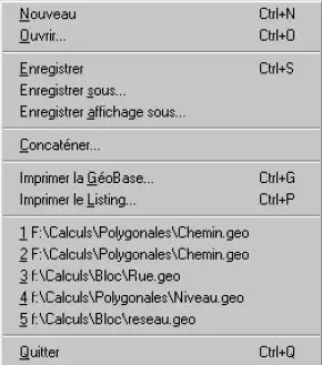 éditeur de GéoBases, menu, Cov. Calculs, barre de menu, Géobase, élémstation, référence, mesure, point, commentaire, code des points, topographiques, calculs topométriques