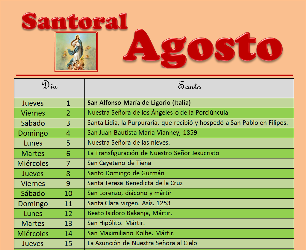 "MI PARROQUIA DE LOS DOCE APÓSTOLES" SANTORAL DEL MES DE AGOSTO