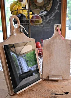 Wooden DIY ipad stands made from repurposed cutting boards. 