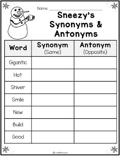 Sneezy the Snowman synonyms and antonyms worksheet