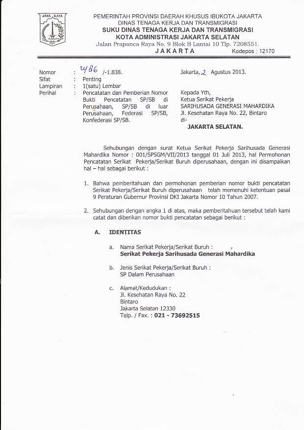 SERIKAT PEKERJA SARIHUSADA GENERASI MAHARDIKA Surat