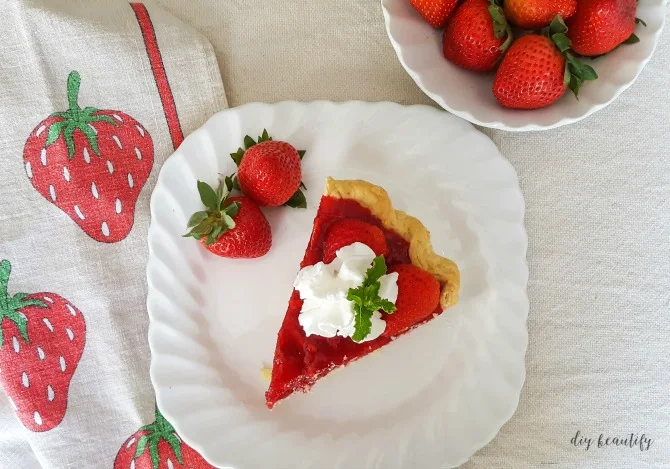 fresh strawberry pie, whip cream, vintage strawberry towel