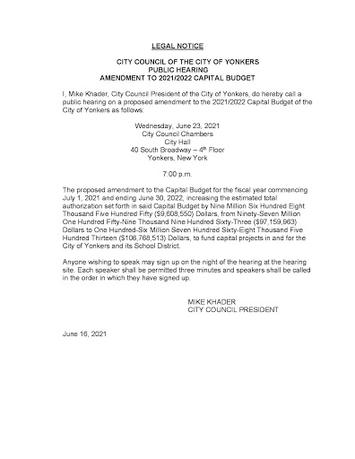 City of Yonkers Legal Notice: Public Hearing Amendment to Capital Budget.