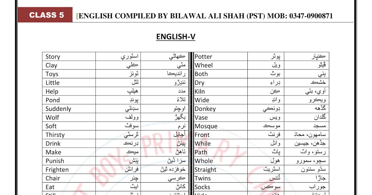 KNOWLEDGE FOR ALL CLASS Five 5 English words meaning in Sindhi and English Grammar along with