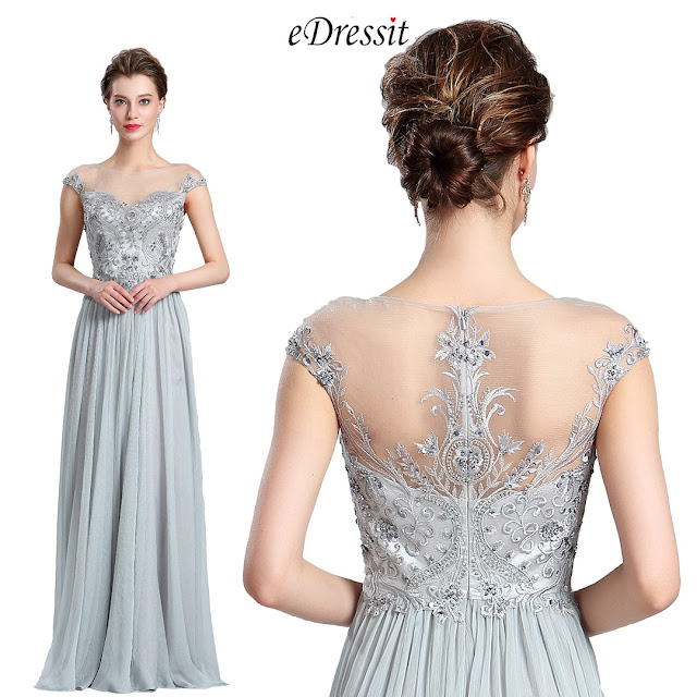 Elegant A Line Cap sleeve Grey Prom Evening Dress