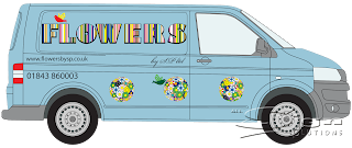 Eggshell Volkswagen van with a bold font 'Flowers' inside the letters pastel vertical stripes of pink, green, blue and yellow. Daises with matching colours are arrange into three balls with two doves. Black lettering for phone number and website address.