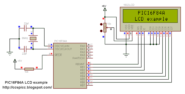 Interface LCD display with PIC16F84A microcontroller circuit ccs LCD interfacing with PIC microcontroller circuit ccs