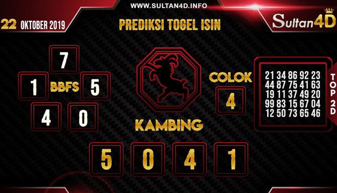 PREDIKSI TOGEL ISIN SULTAN4D 22 OKTOBER 2019