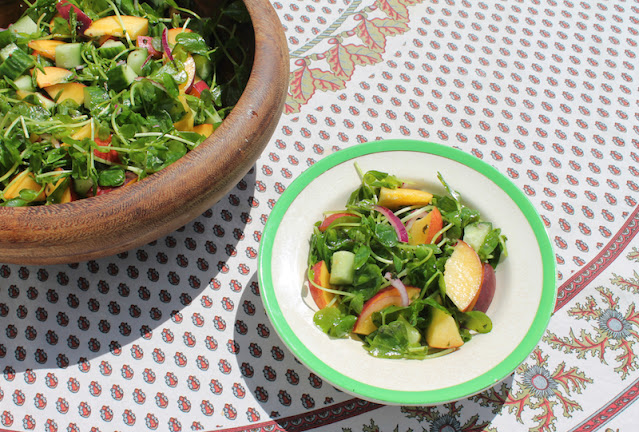 Food Lust People Love: Fresh peaches that aren’t fully ripe can still be used in a fresh peach cucumber salad, adding a tart bite with a hint of sweet. An herby dressing with mint and parsley complement the peaches beautifully.