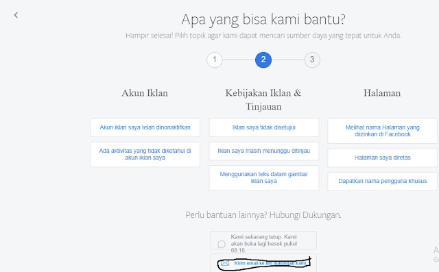 kirim email ke tim dukungan facebook untuk minta bantuan