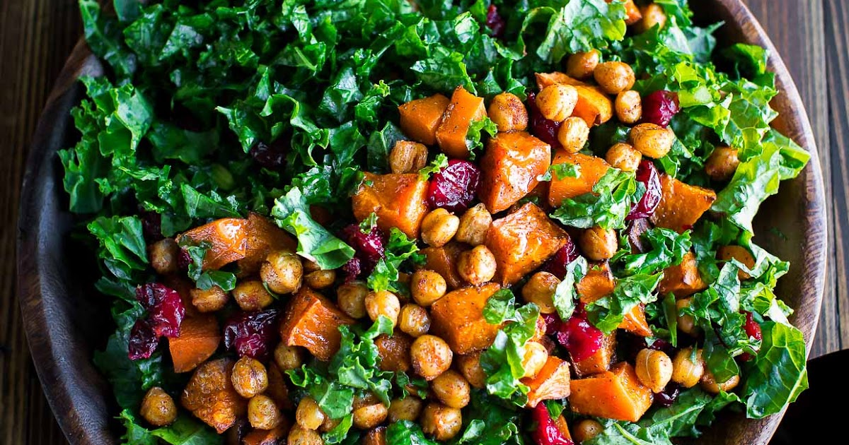Roasted Butternut Squash Kale Salad with Chickpeas and Cranberries