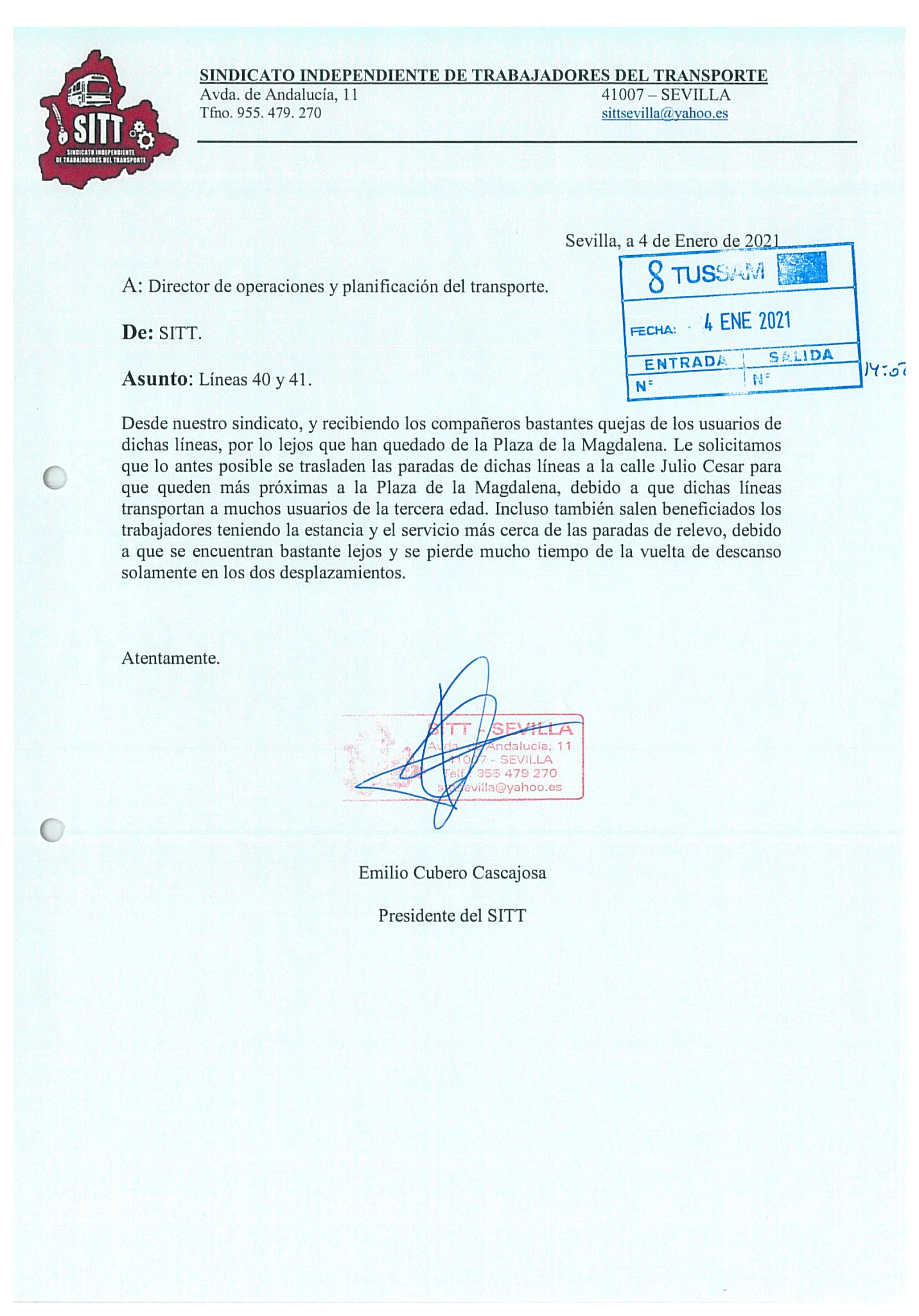 SITT SEVILLA Solicitud cambio parada terminal líneas 40 y 41