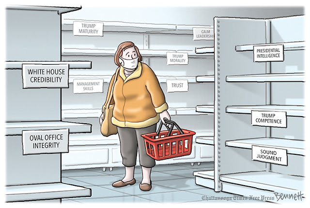 Woman in store wearing surgical mask and holding shopping basket stares at empty shelves labeled 