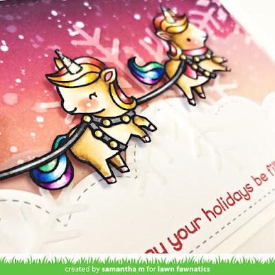 May Your Holidays Be Filled with Magic Card by Samantha Mann for Lawn Fawnatics, Lawn Fawn, Christmas Card, Cards, Cardmaking, Distress Inks, Ink Blending, Slimline, Die Cuts, #lawnfawn #lawnfawnatics #distressinks #slimline #cards #christmascard #unicorn #holidaymagic