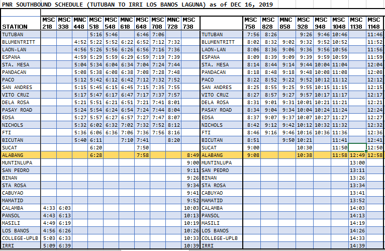 PNR Train Schedule Manila - Los Banos Southbound Northbound