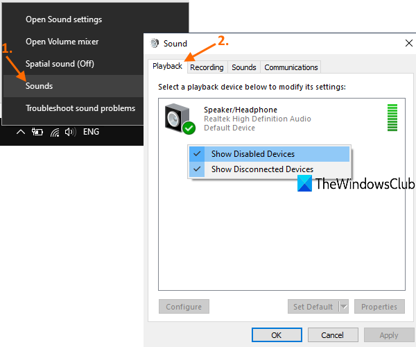 acceda a la pestaña de reproducción en la ventana de sonido y configure el dispositivo de salida predeterminado