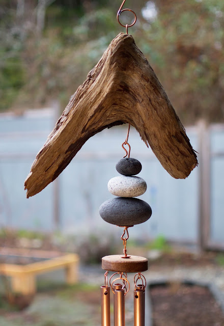 Detail image driftwood and beach stone large copper wind chime by Coast Chimes