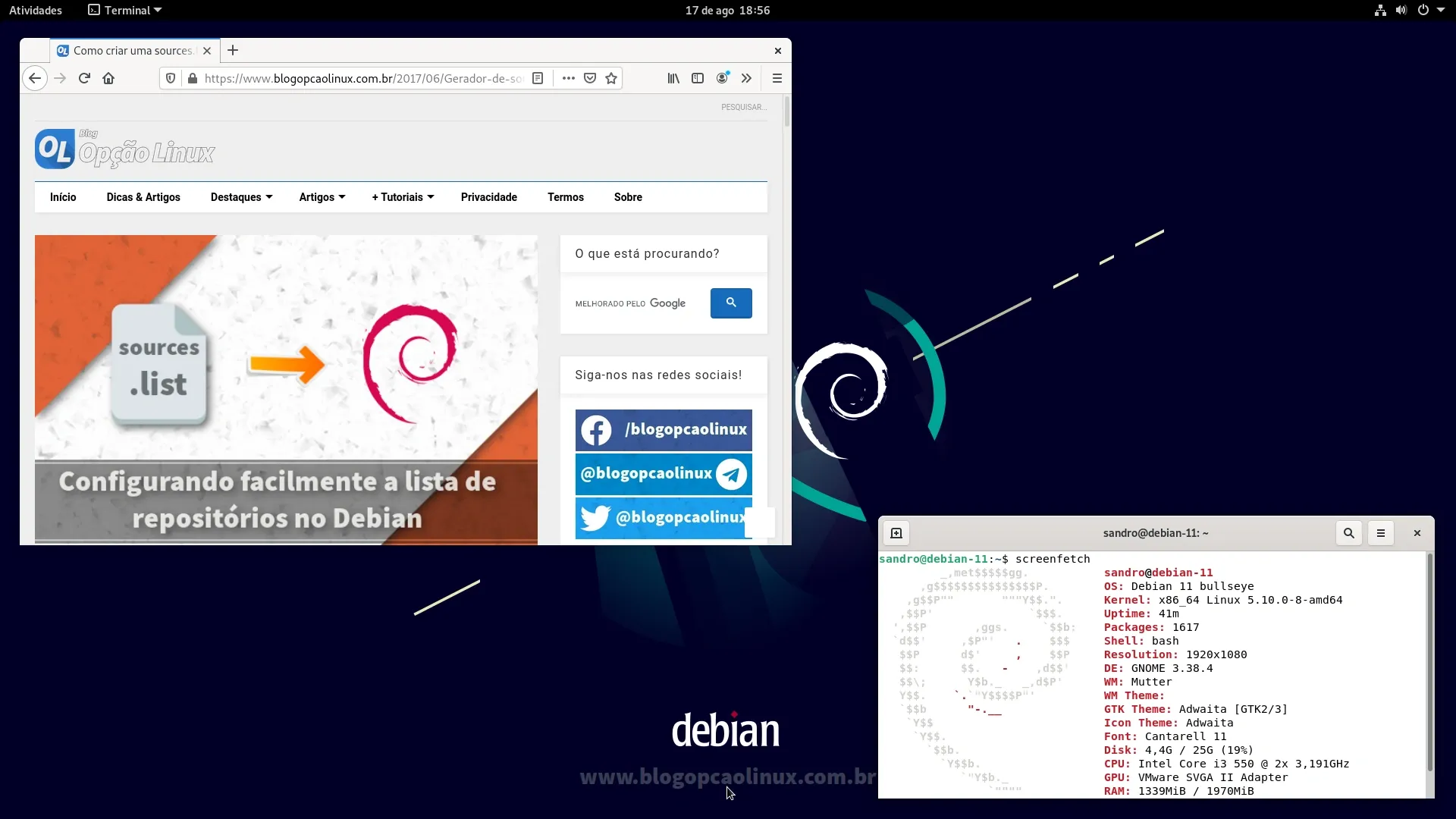 Área de trabalho do Debian 11 'Bullseye' com o desktop GNOME