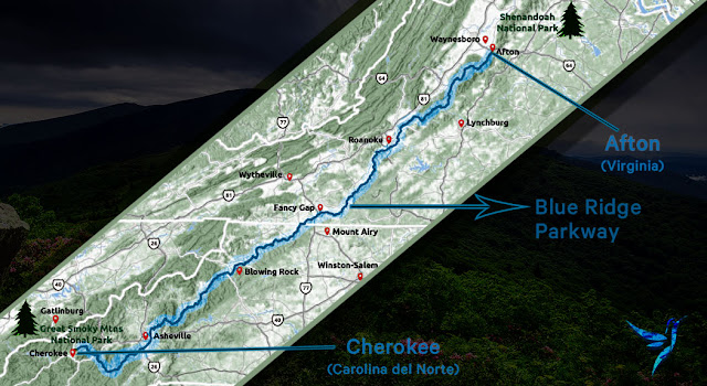 mapa de la carretera blue ridge parkway de norte a sur