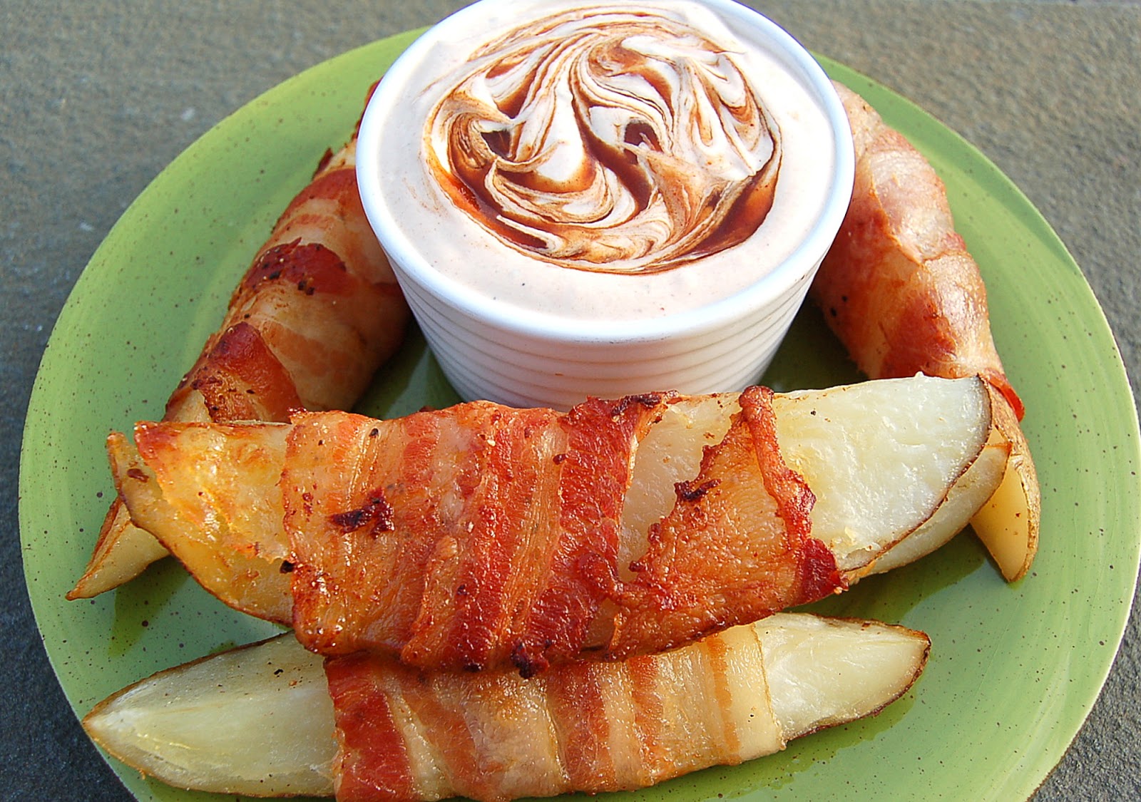 Bacon Wrapped Potato Wedges with BBQ Ranch Dipping Sauce Souffle Bombay