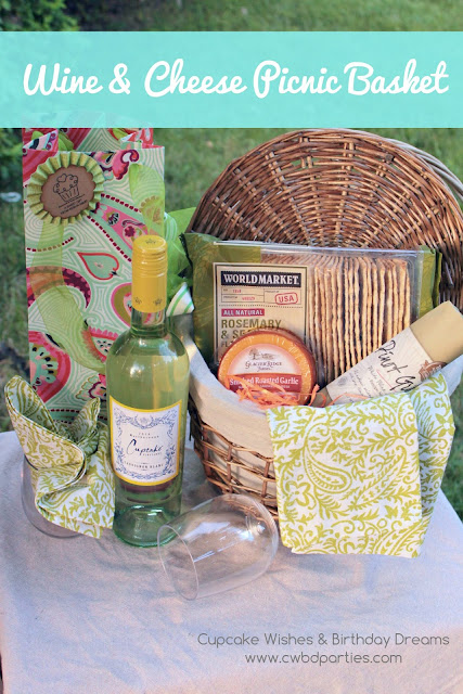Rustic Picnic Basket, wine bottle gift bag, Cupcake Wine, World Market Wine and Cheese, Pretty Cloth Napkins