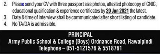 APS Rawalpindi Jobs in June 2021 Army Public School Jobs Latest Advertisement