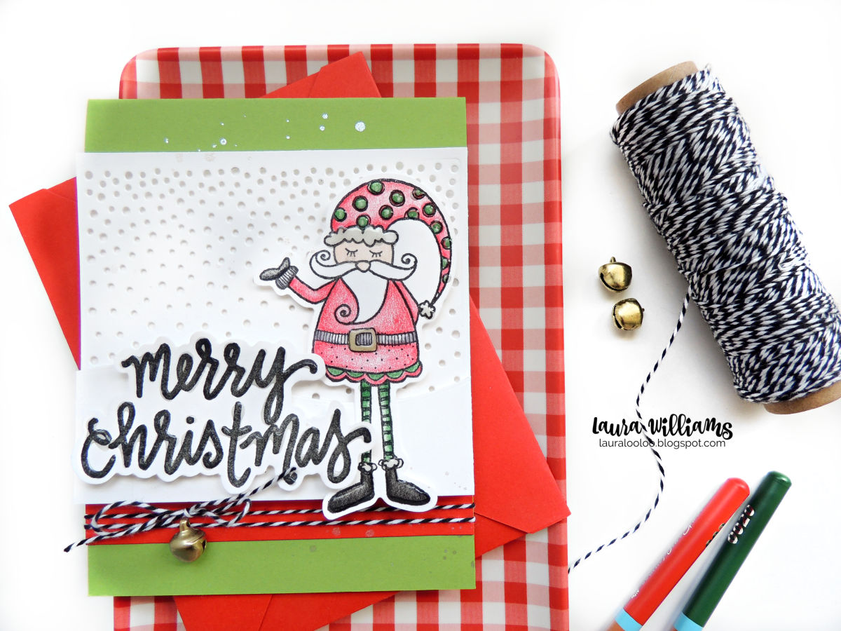 Looking for the cutest Santa Claus stamp for your handmade Christmas cards and crafts? I'd like to introduce you to Nicholas. Everyone, this is Nicholas. Nicholas, this is everyone...  Isn't he absolutely adorable, with his polka-dotted Santa hat? And his curly mustache? And his striped tights? Cutie.Patootie. Paired with this Merry Christmas sentiment and that amazing Snowfall background die, I am just in love with the whimsical, festive look of these Christmas goodies from Impression Obsession.