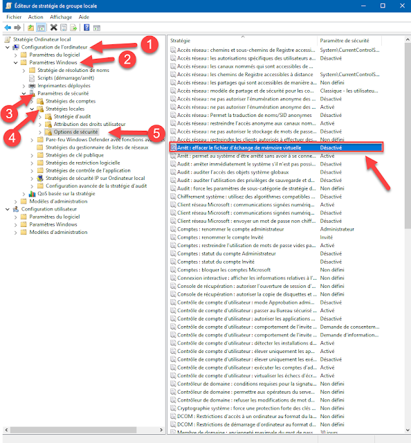 Effacer le fichier d'échange de mémoire virtuelle à l'arrêt dans Windows 10 avec l'éditeur de stratégie de groupe locale Mots-clés : Windows 10, sécurité, trucs, astuces, fichier d'échange, mémoire virtuelle, arrêt Windows, stratégie groupe locale, effacer, informations confidentielles, système, options de sécurité, effacer le fichier d'échange de mémoire virtuelle