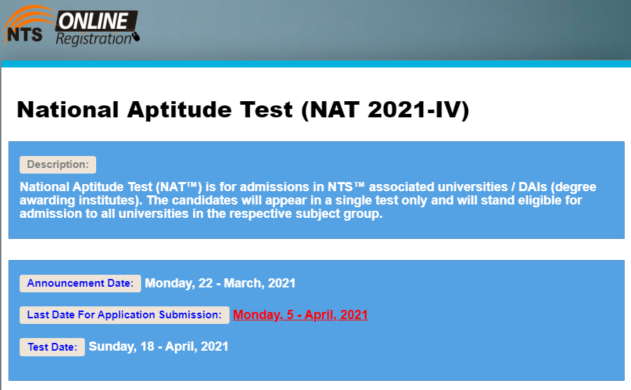 National Aptitude Test NAT 2021 IV 