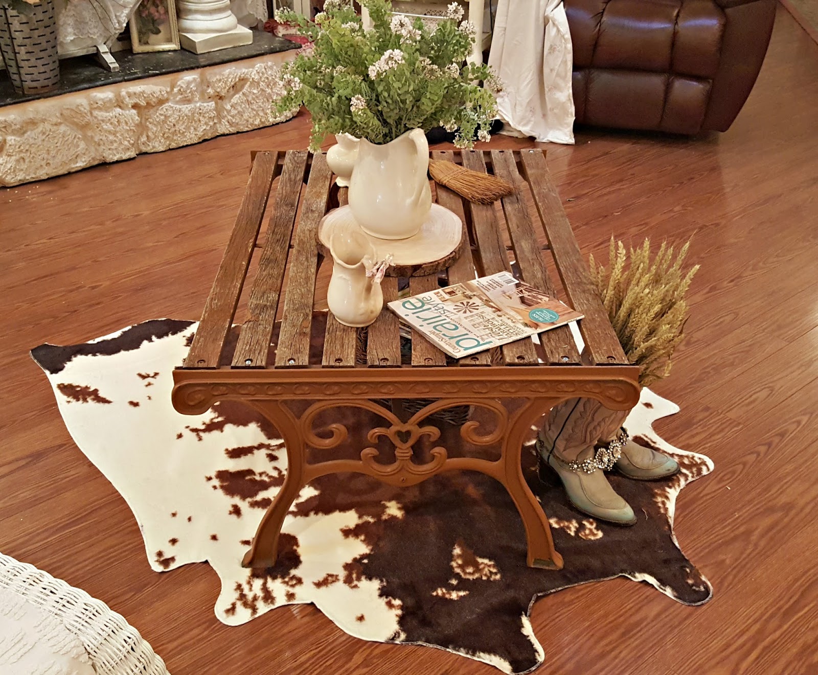 Penny's Vintage Home Rustic Coffee Table and Cow Hide Rug