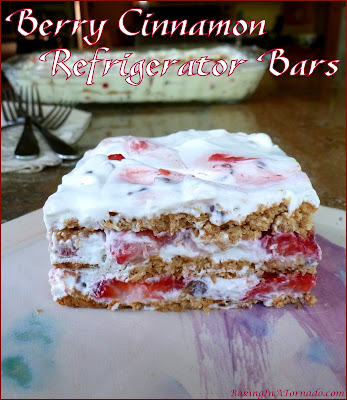 Berry Cinnamon Refrigerator Bars. Mixed berries, flavored whipped cream and cinnamon crusted crackers come together in this refreshing refrigerator dessert. | Recipe developed by www.BakingInATornado.com | #recipe #dessert