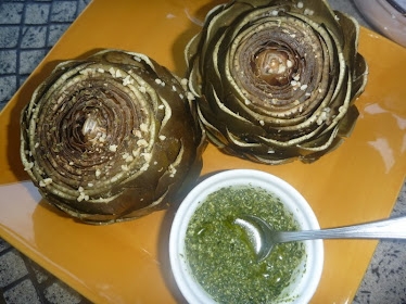 steamed artichokes with basil pesto