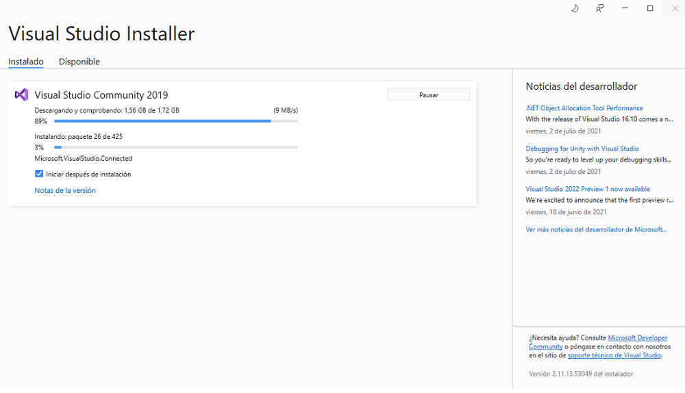 Instalación de Visual Studio Community 2019 v16.10.3 Programación en